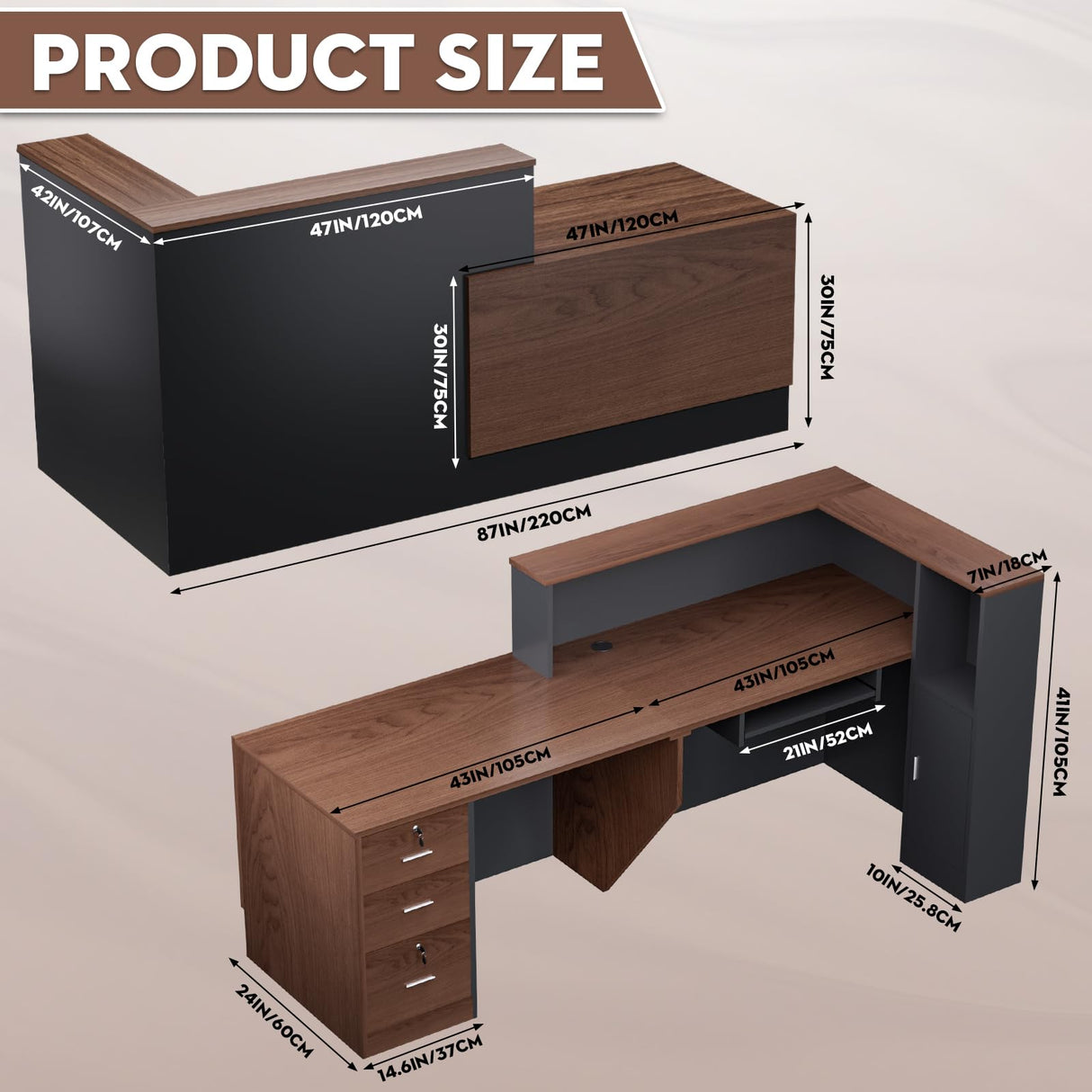 L-Shaped Modern Large Wooden Commercial Reception Desk with Counter & Shelves, Front Reception Desk Counter Table with Storage, Drawers for Offices,Home (Brown + Black, Right - 84''L x 34''W x 41''H) Drexo