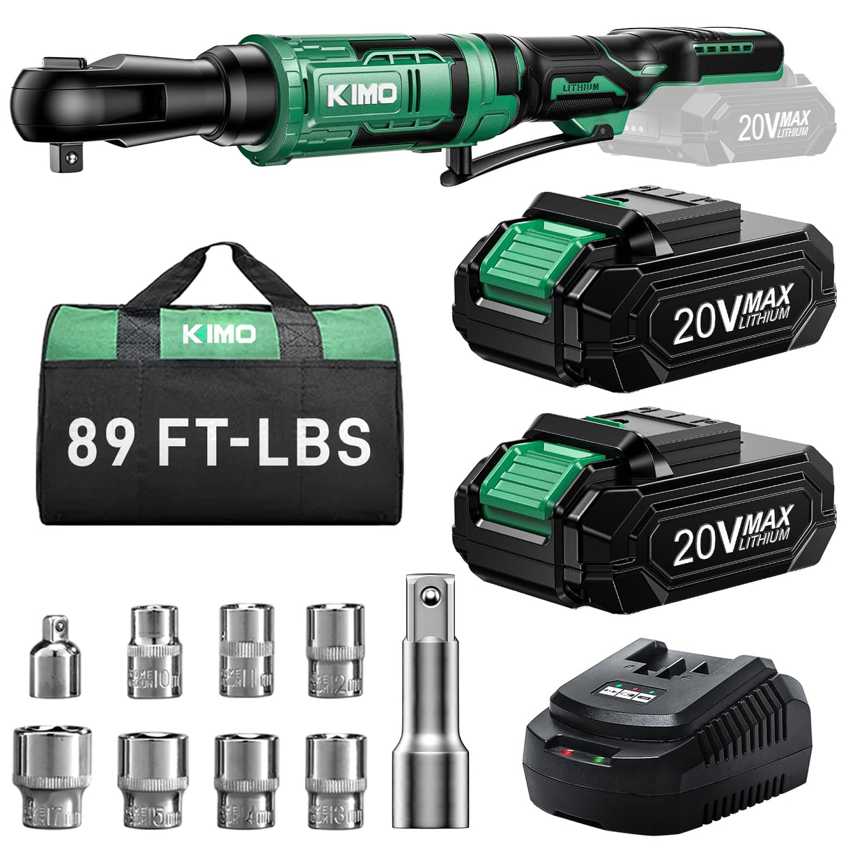 KIMO 20V Cordless Ratchet Wrench 3/8 Set, 89 Ft-lbs 400 RPM Electric Ratchet Wrench, 2x2.0Ah Li-Ion Battery, Fast Charger, Electric Wrench Set w/ 7 Sockets, 3/8" to 1/4" Adapter, 3-Inch Extension Bar K I M O.