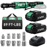 KIMO 20V Cordless Ratchet Wrench 3/8 Set, 89 Ft-lbs 400 RPM Electric Ratchet Wrench, 2x2.0Ah Li-Ion Battery, Fast Charger, Electric Wrench Set w/ 7 Sockets, 3/8" to 1/4" Adapter, 3-Inch Extension Bar K I M O.