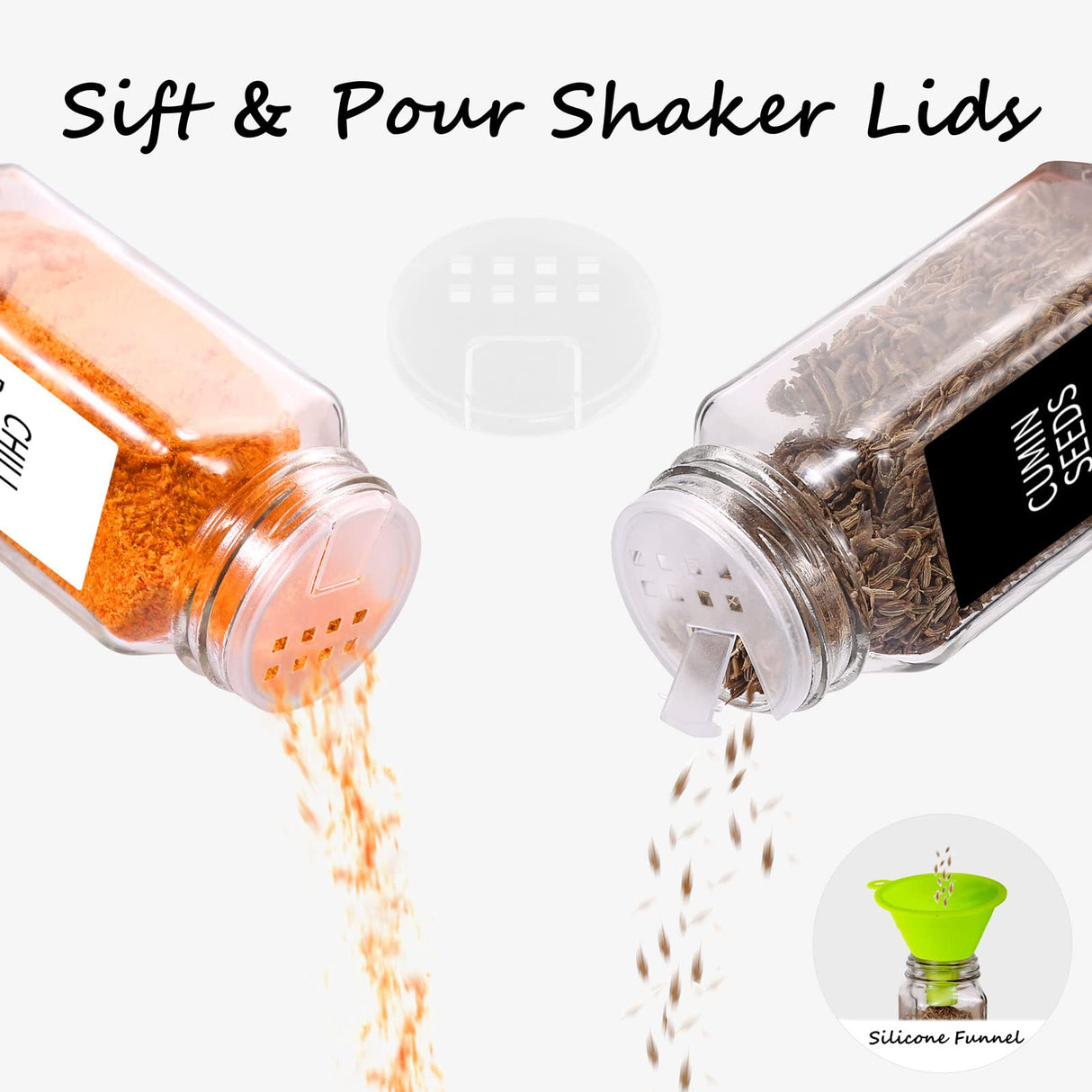 Churboro 66 Spice Jars with 547 Labels- Glass Spice Jars with Black Metal Caps, 4oz Empty Spice Containers with Shaker Lids, Funnel, Chalk Pen, Square Seasoning Bottles for Spice Rack, Drawer, Cabinet Churboro