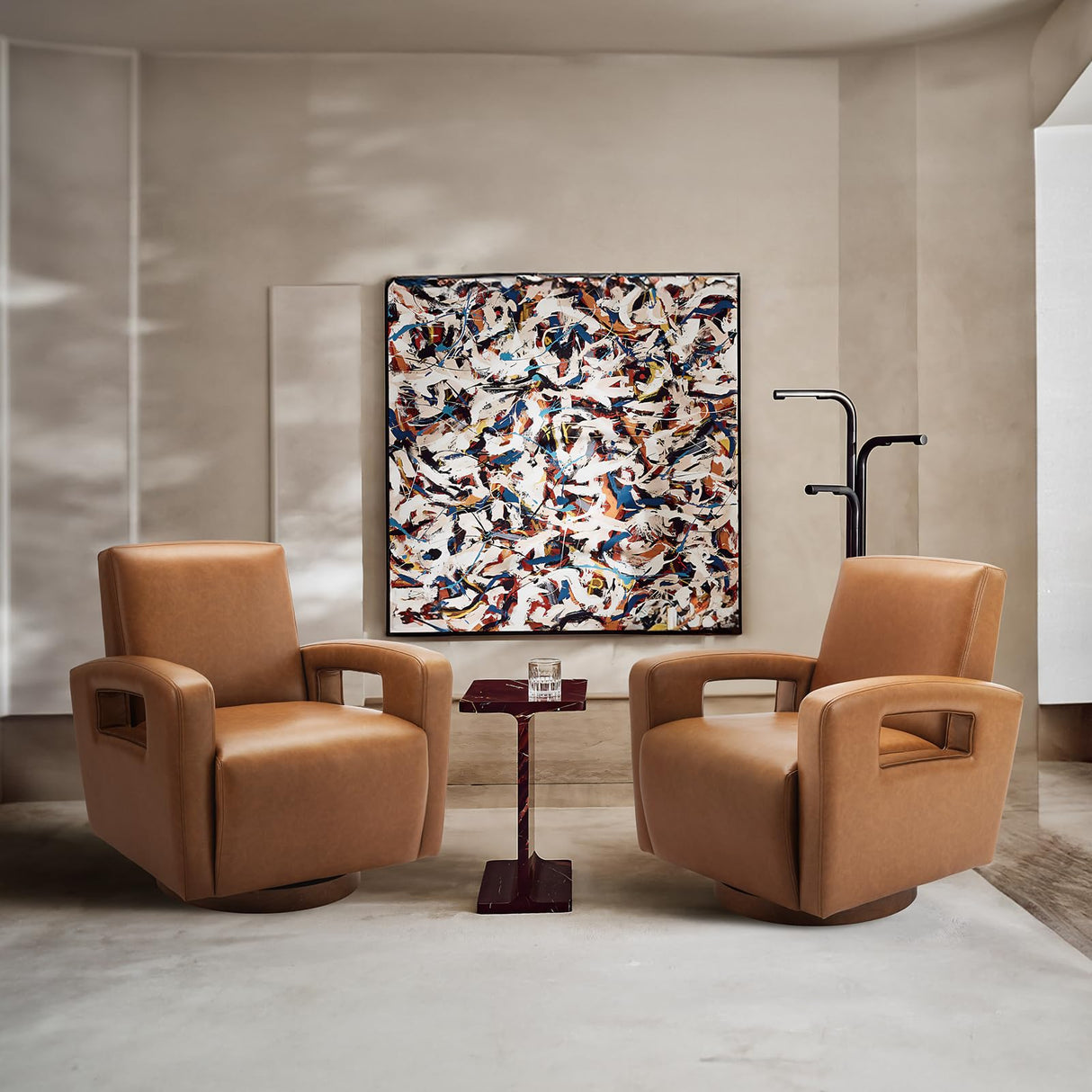 COLAMY Swivel Accent Chair Set of 2, Faux Leather Armchair with Solid Wood Base, Square Back and Soft Cushions for Living Room, Bedroom, Home Office, Small Spaces, Lightbrown COLAMY