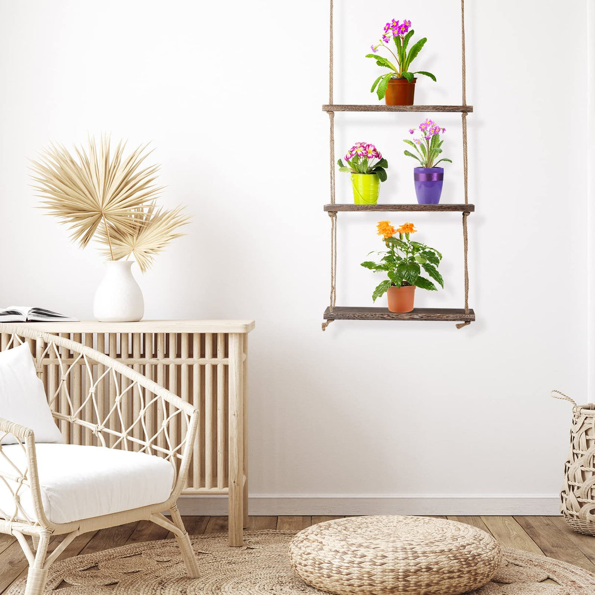 Nuanchu 2 Pieces Decorative Wall Hanging Shelves Window Shelf for Plants 3 Tier Distressed Rustic Home Decor Wood Rope Shelf Floating Indoor Wall Swing Hanging Plant Shelves for Living Room Bathroom Nuanchu