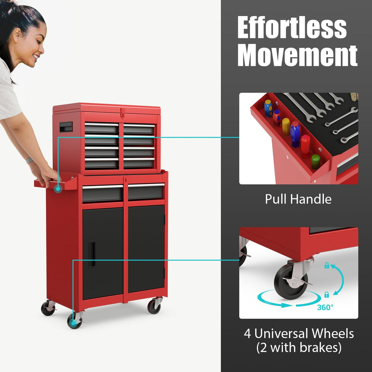 Toolsempire Rolling Tool Chest, 5-Drawer Tool Storage Cabinet with Wheels, Adjustable Shelf & Anti-Slip Liner, Tool Box Organizer for Garage, Warehouse & Workshop (Red+Black) Toolsempire