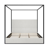 VilroCaz Modern King Size Canopy Platform Bed with Upholstery Channel Tufted Headboard, Metal 4-Poster Canopied Design Platform Bed Frame with Strong Slats Support (White+Black-King) VilroCaz