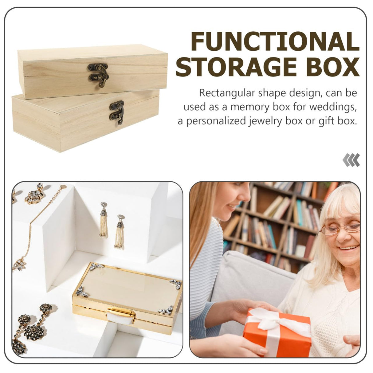 EXCEART Wood Box 2 Pack Unfinished Wood Box, Rectangular Unfinished Wooden Box with Hinged Lid and Front Clasp Natural Wood Storage Boxes for Jewelry Container Sundries Case Makeup Case Organizer EXCEART