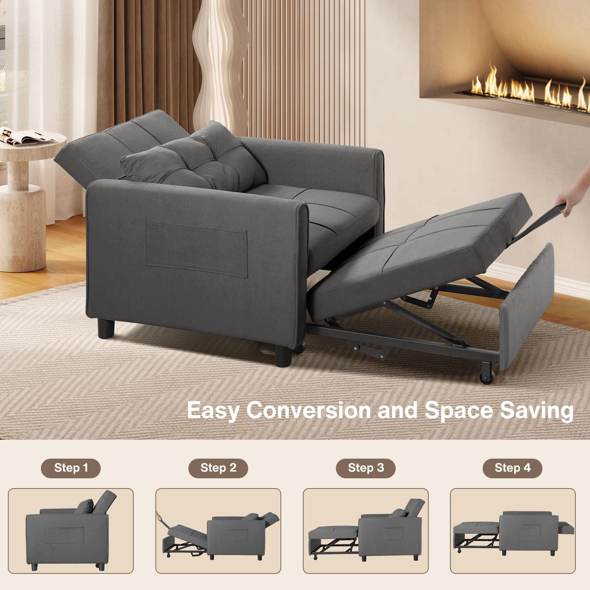 Noelse Convertible Futon Sofa Bed, 3-in-1 Multi-Functional Sleeper Chair Bed, Adjustable Backrest Recliner with Modern Linen Fabric for Living Room Bedroom Apartment Small Space, Dark Grey Noelse