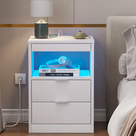 ADORNEVE LED Nightstands Set of 2, Night stand with Wireless Charging Station and LED Lights, White Nightstand with Pull-Out Shelf & Drawers, Modern Bedside Table End Side Table for Bedrooms ADORNEVE