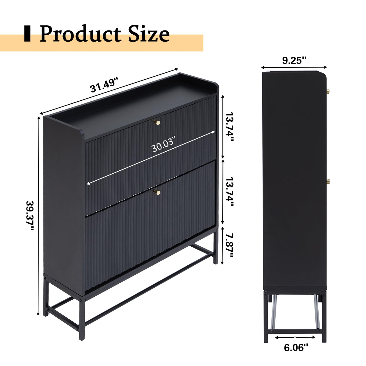 Fluted Shoe Cabinet with 2 Flip Drawers, Modern Slim Shoe Storage Organizer, Narrow Entryway Shoe Rack, Wooden Shoe Cabinet with Metal Legs for Heels, Boots, Slippers in Entrance, Black RARZOE