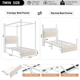 HIFIT Set of 2 Kids Twin Upholstered LED Canopy Bed Frame with Charging Station & Storage Drawer, Button Tufted Storage Headboard w/Bookshelf, Two-Use Girls Platform Bed frame w/4 Removable Post,Beige HIFIT