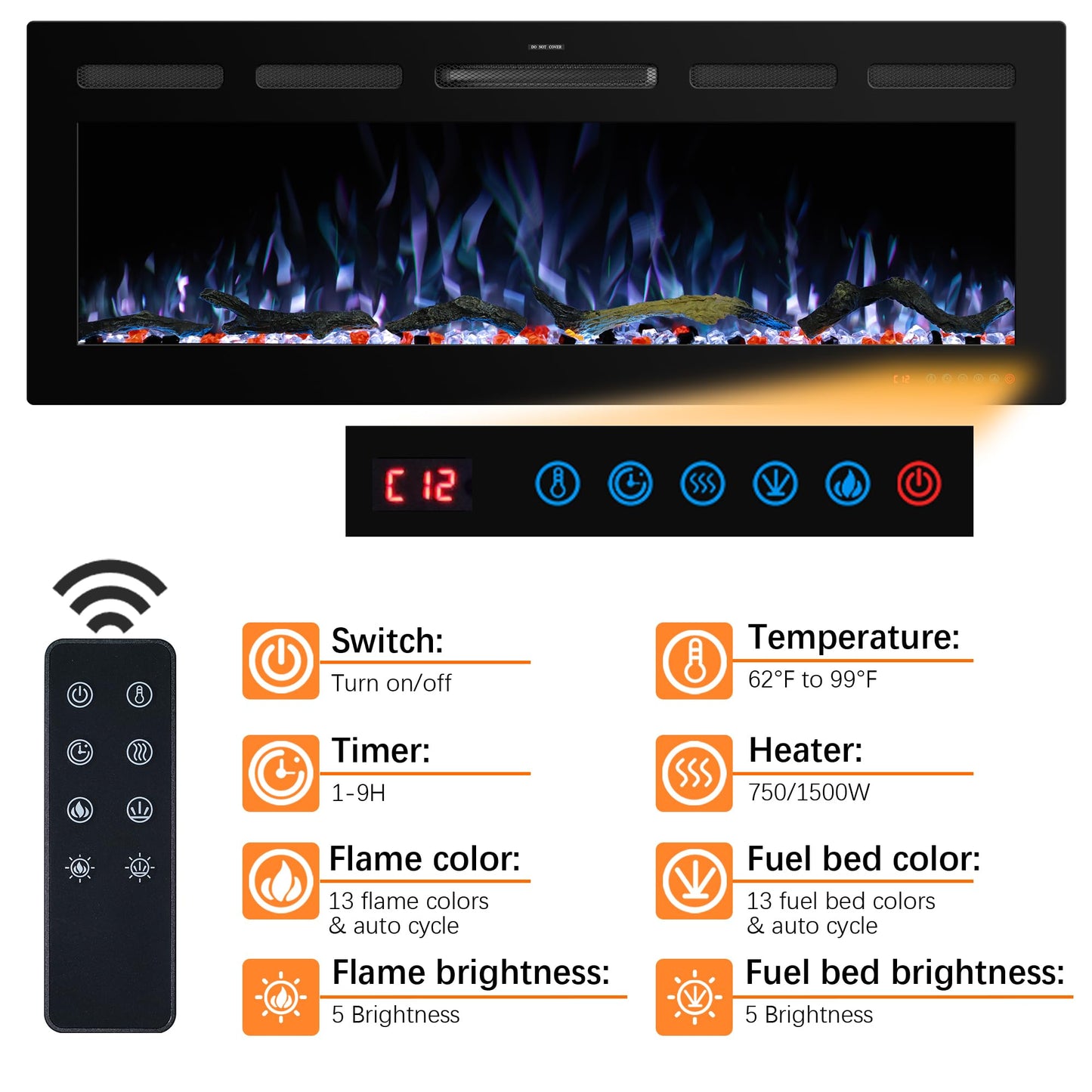 Kentsky 72" WiFi Electric Fireplace Inserts, Recessed and Wall Mounted Fireplace Heater W/Adjustable Flame Color & Brightness, Thermostat, 9H Timer, App and Remote Control, 750/1500W