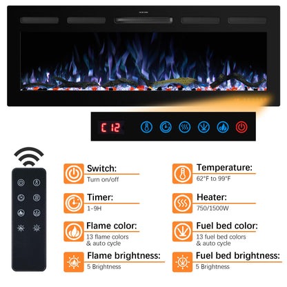 Kentsky 72" WiFi Electric Fireplace Inserts, Recessed and Wall Mounted Fireplace Heater W/Adjustable Flame Color & Brightness, Thermostat, 9H Timer, App and Remote Control, 750/1500W