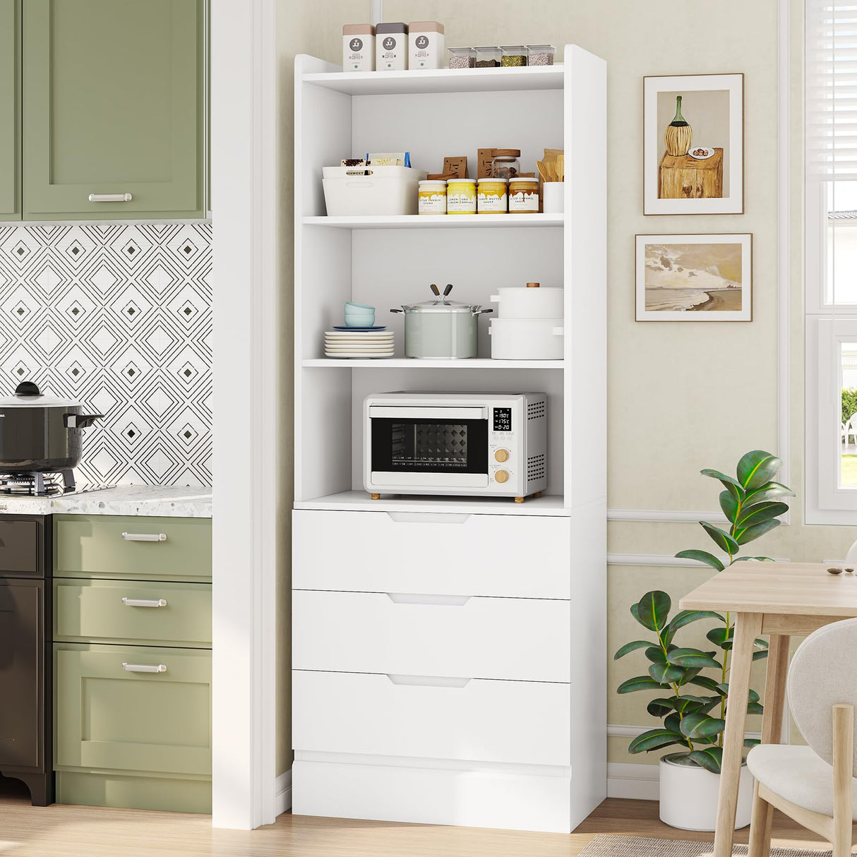 DICTAC 73.23'' Tall Storage Cabinet Bookcase with 3 Drawers and 3-Tier Open Shelves Wooden Bookshelf Kitchen Pantry Storage Organizer Cabinets for Living Room, Study, Kitchen,Bathroom,White DICTAC