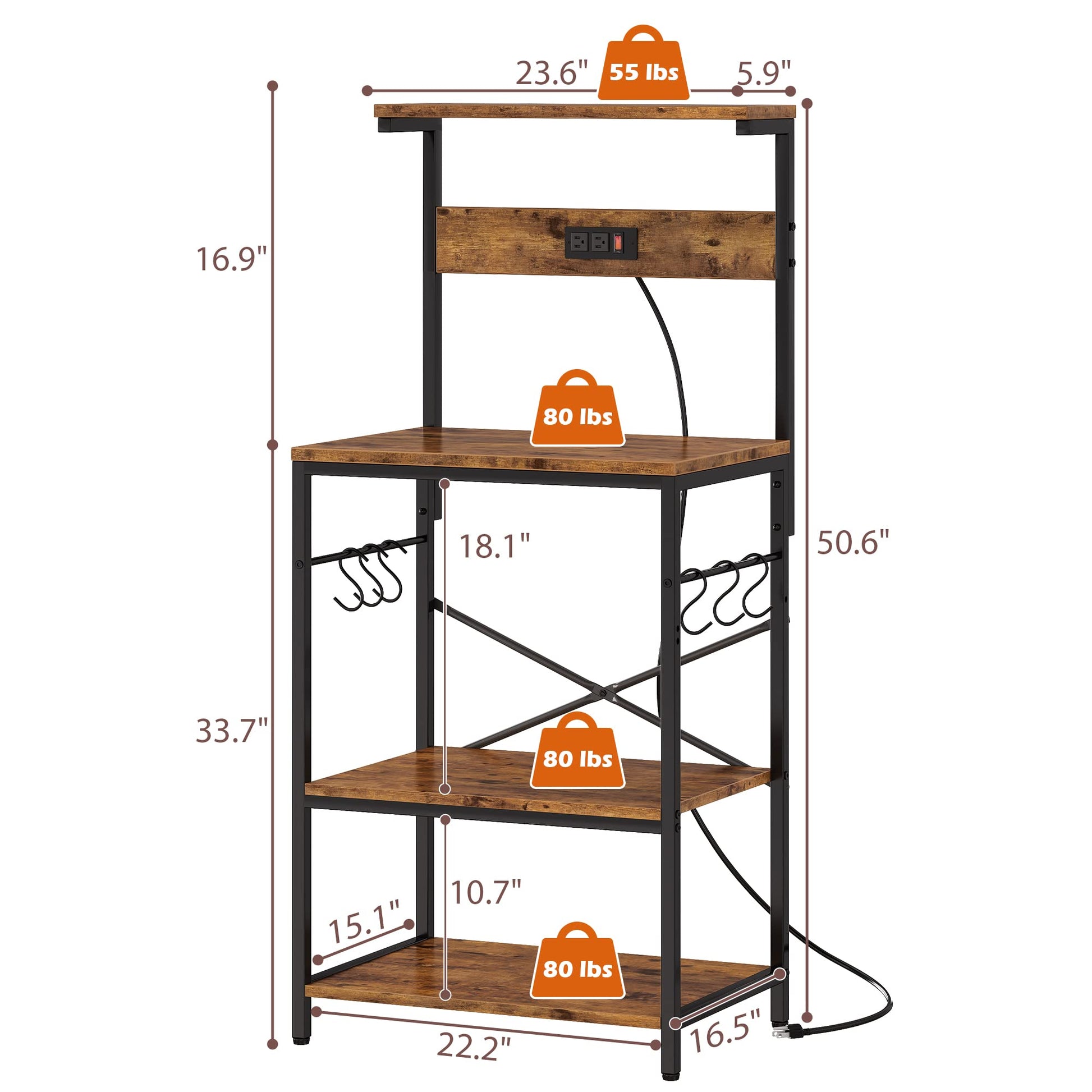 Rustic Brown SUPERJARE Kitchen Bakers Rack with Power Outlets and Hooks - 4-Tier Storage Shelf for Microwave, Coffee Bar, and More - WoodArtSupply