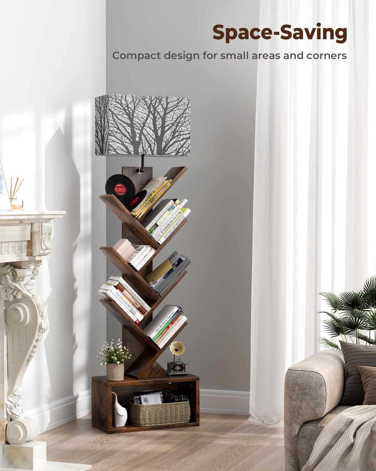 Evermagin Tree Bookshelf with Light, 6 Tier Small Bookcase, Narrow Floor Standing Book Tower Organizer with Storage Cabinet for Living Room, Bedroom & Home Office, Rustic Brown Evermagin