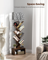 Evermagin Tree Bookshelf with Light, 6 Tier Small Bookcase, Narrow Floor Standing Book Tower Organizer with Storage Cabinet for Living Room, Bedroom & Home Office, Rustic Brown Evermagin