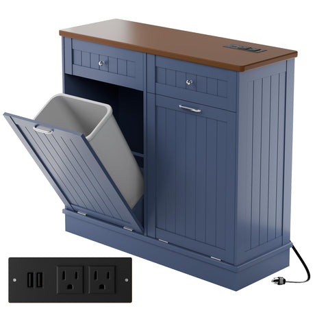 Betterhood Double Tilt Out Trash Cabinet with Power Outlet, 10 Gallon Trash Cabinet with Storage,Pet Proof Trash Can with 2 AC & USB Sockets for Kitchen,Living Room (Blue) Betterhood