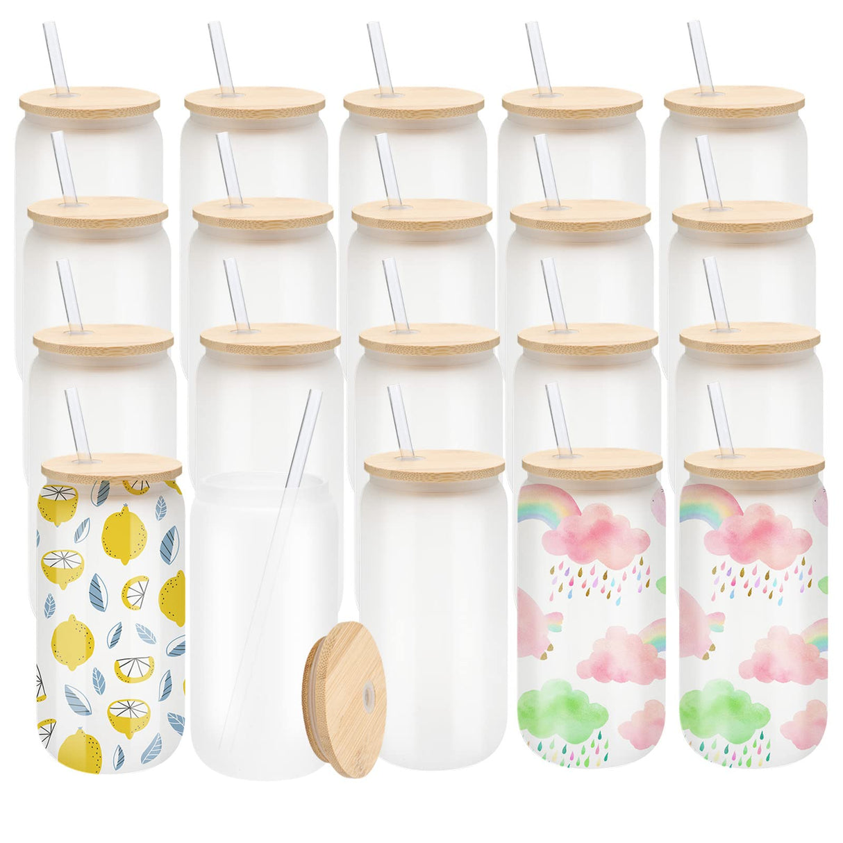 WHEATHUSK 20 Pack Sublimation Glass Cups Frosted 16oz Blanks Sublimation Borosilicate Glasses Tumbler with Bamboo Lids and Straws for Beer, Juice, Soda, Iced Coffee, Drinks WHEATHUSK
