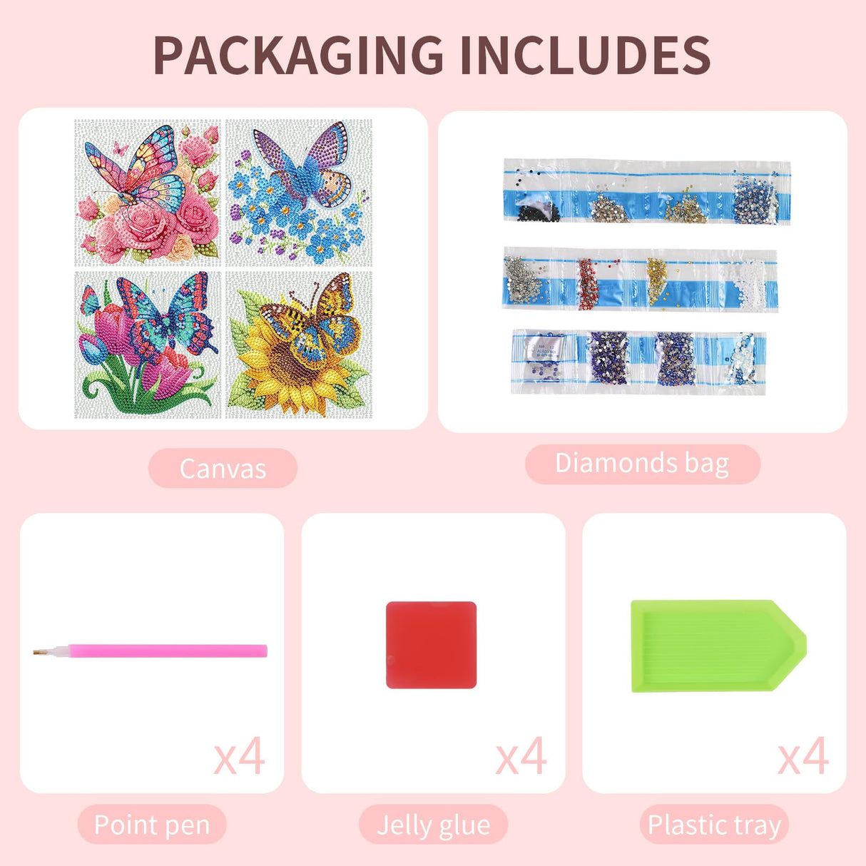 FlyingMage 5D Diamond Art Kits for Adults, Kawaii DIY Painting Art for Women, 4 Pack Cute Diamond Arts and Crafts Sets, Diamond Art Mosaic Kits,Big Gem Full Drill Diamond Dots,Flower Butterfly FlyingMage