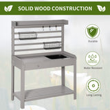 Outsunny Potting Bench Table, Garden Work Bench, Workstation with Metal Sieve Screen, Removable Sink, Additional Hooks and Baskets for Patio, Courtyards, Balcony, Grey Outsunny