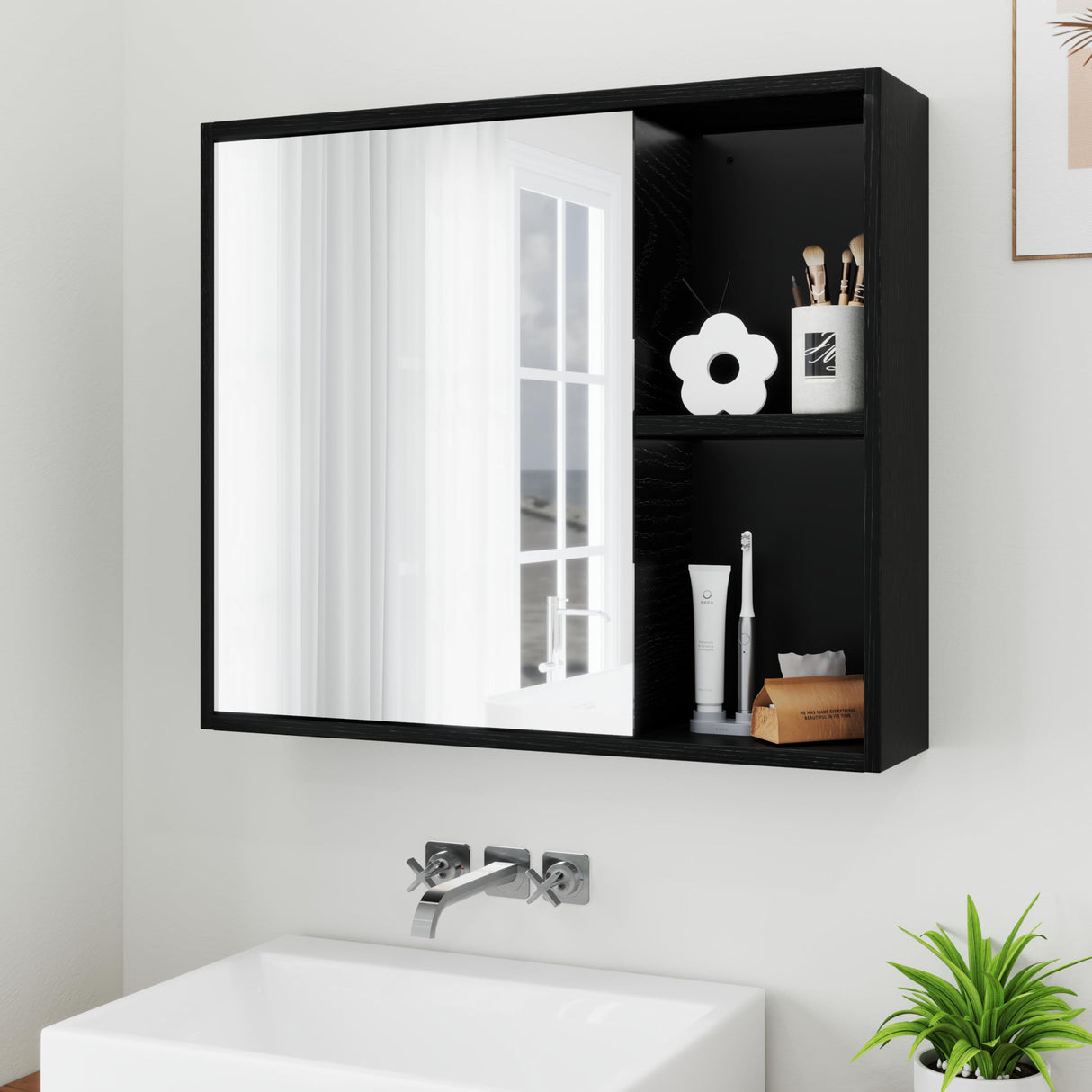 Giantex Medicine Cabinet, Bathroom Wall Cabinet with Mirror Door, 2 Adjustable Shelves, 2 Open Shelves, Vanity Mirrored Cabinet, Over The Toilet Storage Cabinet for Laundry Room Entryway, Black Giantex