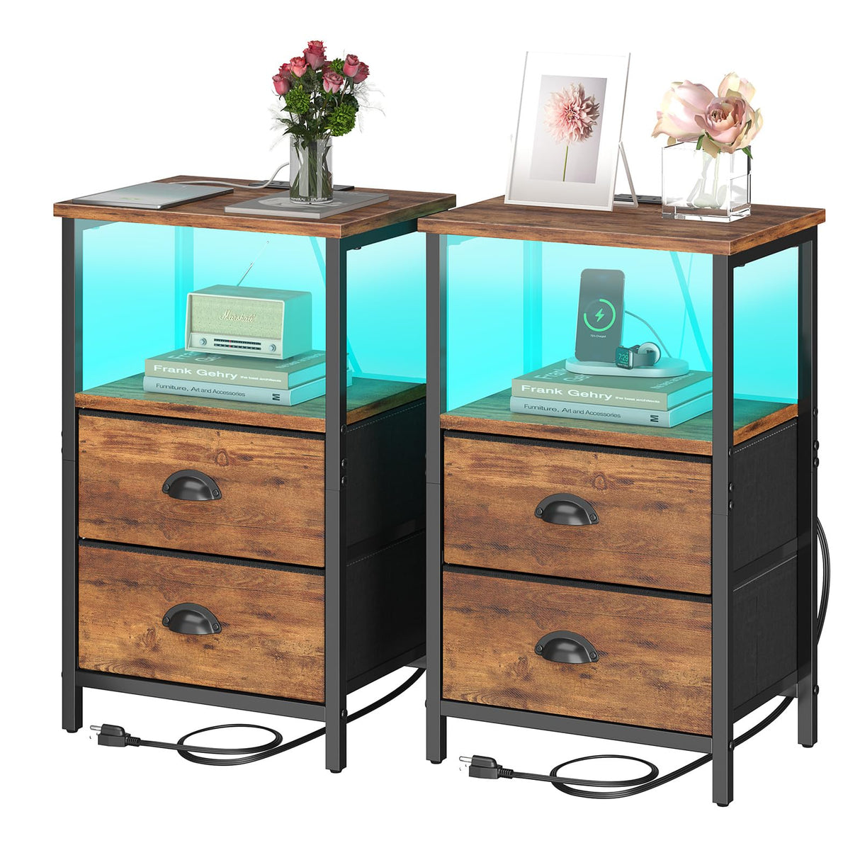 Sthmec Rustic Brown Industrial Nightstand Set of 2, Bedside Table with 2 Fabric Drawers, 3-Tier Storage, LED Light, Charging Station, 11.38''D * 15.38''W* 24.75''H sthmec