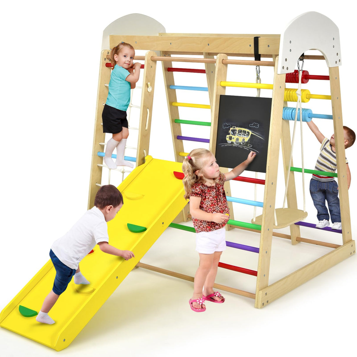 Costzon Indoor Jungle Gym, 8-in-1 Montessori Climbing Toys for Toddlers with Double-Sided Slide, Climbing Rock/Net, Indoor Wooden Playground Climber Playset for Kids 3+ Years Birthday Costzon