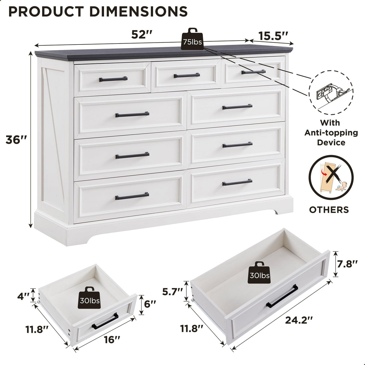 ACCOHOHO Farmhouse 9 Drawer Dresser for Bedroom, 36 Inch Tall Modern Dresser TV Stand with Large Drawers & Bar Handles, Rustic Wood Chest of Drawers for Bedroom, Living Room, Hallway, Off White ACCOHOHO