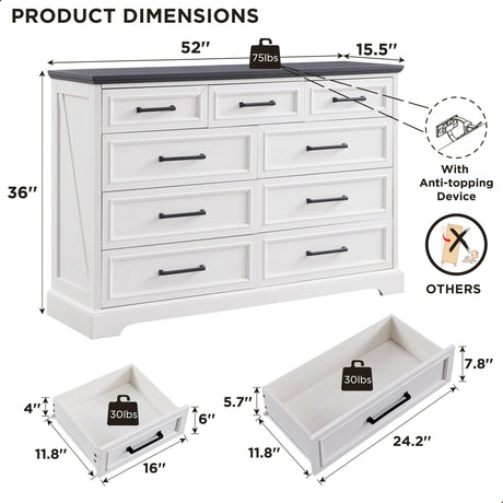 ACCOHOHO Farmhouse 9 Drawer Dresser for Bedroom, 36 Inch Tall Modern Dresser TV Stand with Large Drawers & Bar Handles, Rustic Wood Chest of Drawers for Bedroom, Living Room, Hallway, Off White ACCOHOHO