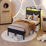 Furnulem Twin Size Bed Frame with Charging Station and LED Lights, Platform Bed with Metal Slats, Grey Upholstered Headboard with 2-Tier Storage Shelves, No Box Spring Needed Furnulem