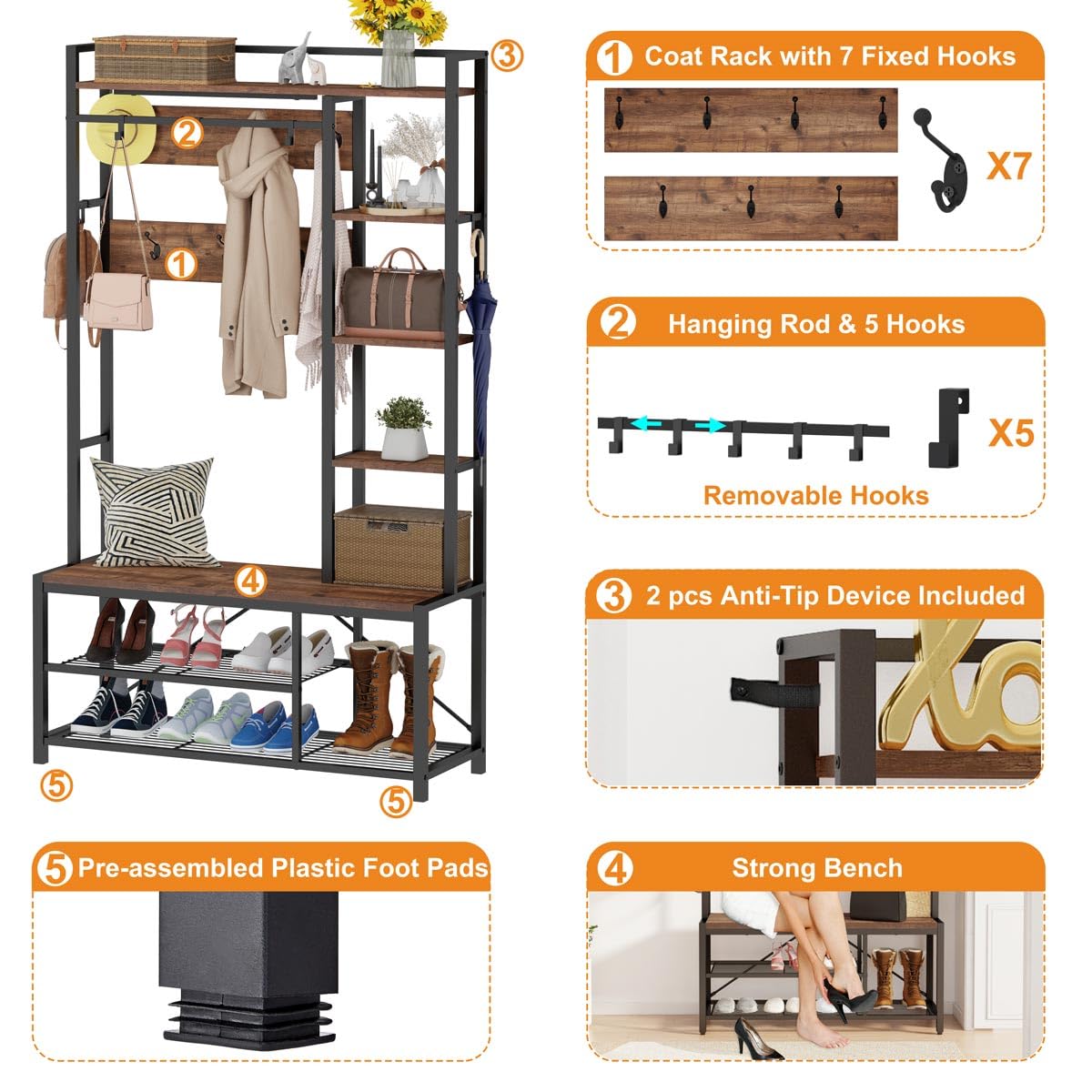 BON AUGURE Hall Tree with Shoe Storage, 5-in-1 Reversible Entryway Bench with Coat Hooks for Hallway, Rustic Wood and Metal Coat Rack with Shelves for Mudroom (Rustic Oak) BON AUGURE