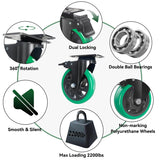5 Inch Caster Wheels, Casters Set of 4 Heavy Duty, BZOLIHEU Locking Casters, Silent Top Plate Swivel Casters with Brake, Polyurethane Castor Wheels for Furniture and Workbench Cart, Green BZOLIHEU