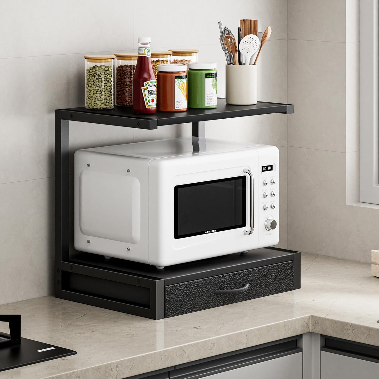 YAOHUOO 2-Tier Desktop Printer Stand with Fabric Drawer, Prtiner Table with Storage Shelf, Desk Organizer for Home Office,3D Printer,Fax Machine,Scanner, 17.3"x11.8" Black YAOHUOO