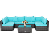 Tangkula 7 Pieces Patio Furniture Set, Patiojoy All-Weather Outdoor Rattan Sectional Sofa Set with Cushions and Tempered Glass Coffee Table, for Garden, Lawn, Backyard (Turquoise) Tangkula