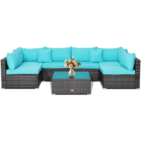 Tangkula 7 Pieces Patio Furniture Set, Patiojoy All-Weather Outdoor Rattan Sectional Sofa Set with Cushions and Tempered Glass Coffee Table, for Garden, Lawn, Backyard (Turquoise) Tangkula