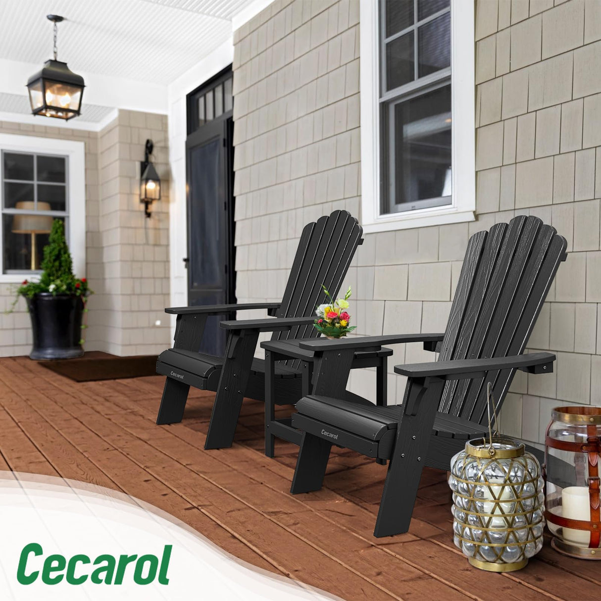 Cecarol Oversized Adirondack Chair Plastic, Outdoor Fire Pit Chair with Cup Holder, Adirondack Patio Chair Weather Resistant for Outside, Porch, Lawn, Garden- AC01, Black(Wood Grain) Cecarol