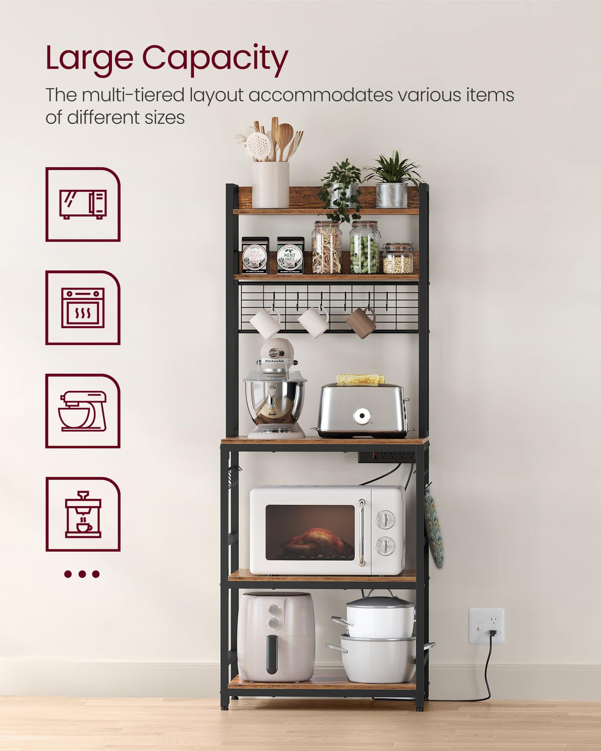 VASAGLE Rustic Brown and Black Microwave Stand with Power Outlet and 14 Hooks, Adjustable Kitchen Bakers Rack VASAGLE