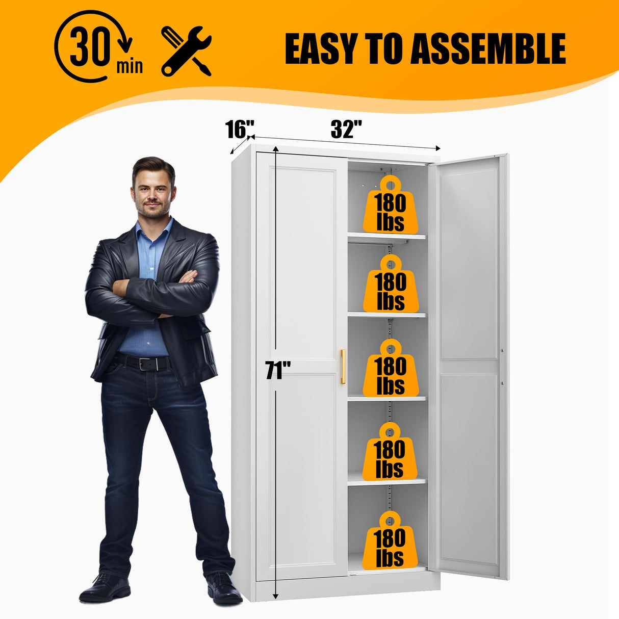 71" Tall Metal Storage Cabinet with Adjustable Shelves, Kitchen Pantry Storage Cabinet with Gold Handles, Heavy Duty Steel Cabinets, White Pantry Cabinet for Dining Room, Kitchen - Assembly Required MetalMax