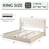Jocisland King Size Lift Up Storage Bed Frame, Linen Upholstered Platform Bed with Vertical Channel Tufted Headboard and Wingback, Hydraulic System, No Box Spring Needed, Wood Slats Support, White Jocisland