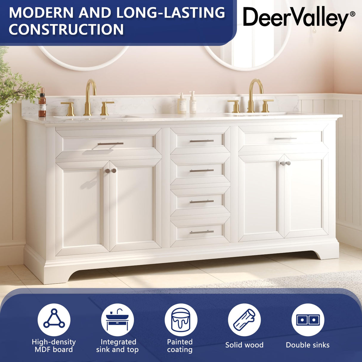 Deer Valley 72'' Bathroom Vanity with Double Sink Top, Pre-Assembled Modern Wood Bathroom Cabinet Sink Combo with Backsplash, Soft Closing Doors, Multifunctional Storage Space Vanity (White) Deer Valley