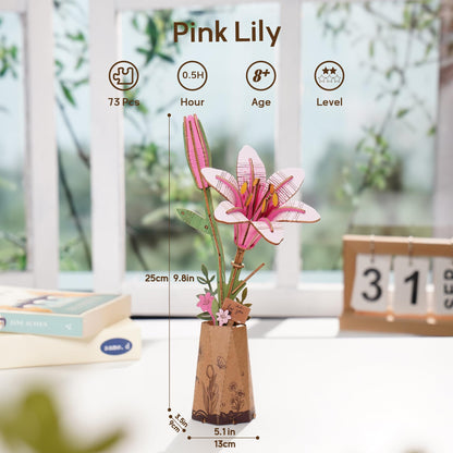 ROBOTIME 3D Puzzle Wooden Flower Pink Lily DIY Model Kit to Build for Adults Artifical Bouquet Collection Craft Brain Teaser Puzzle Creative Gift Home Decor