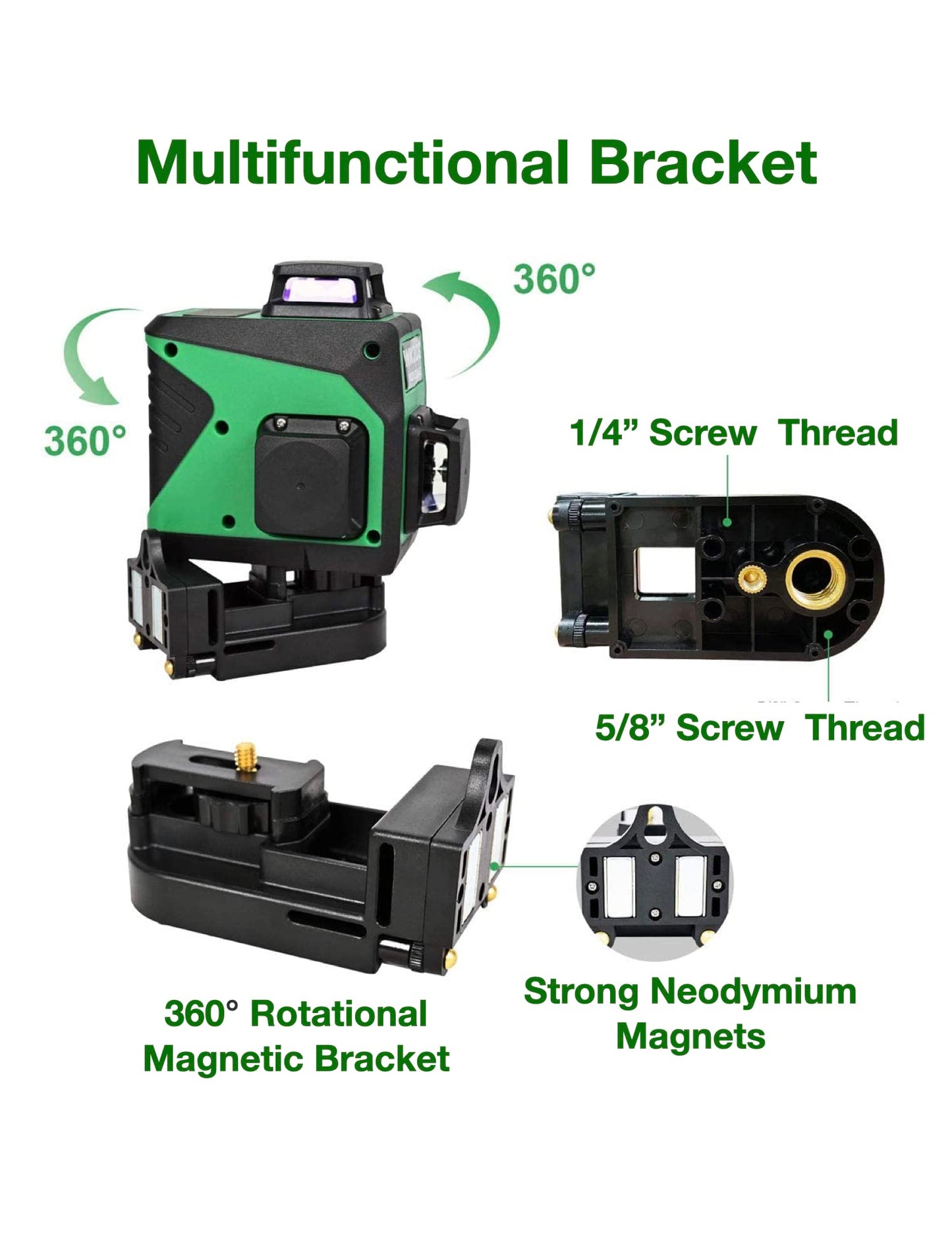 Wokeline 3x360° Rotary Laser Level Self Leveling Green beam Three Plane Cross Line Lasers 2x360° Vertical 1x360° Horizontal 12 lines Tile Ceiling Floor Lazer Levels+Flexible Magnetic Base+Li  - WoodArtSupply