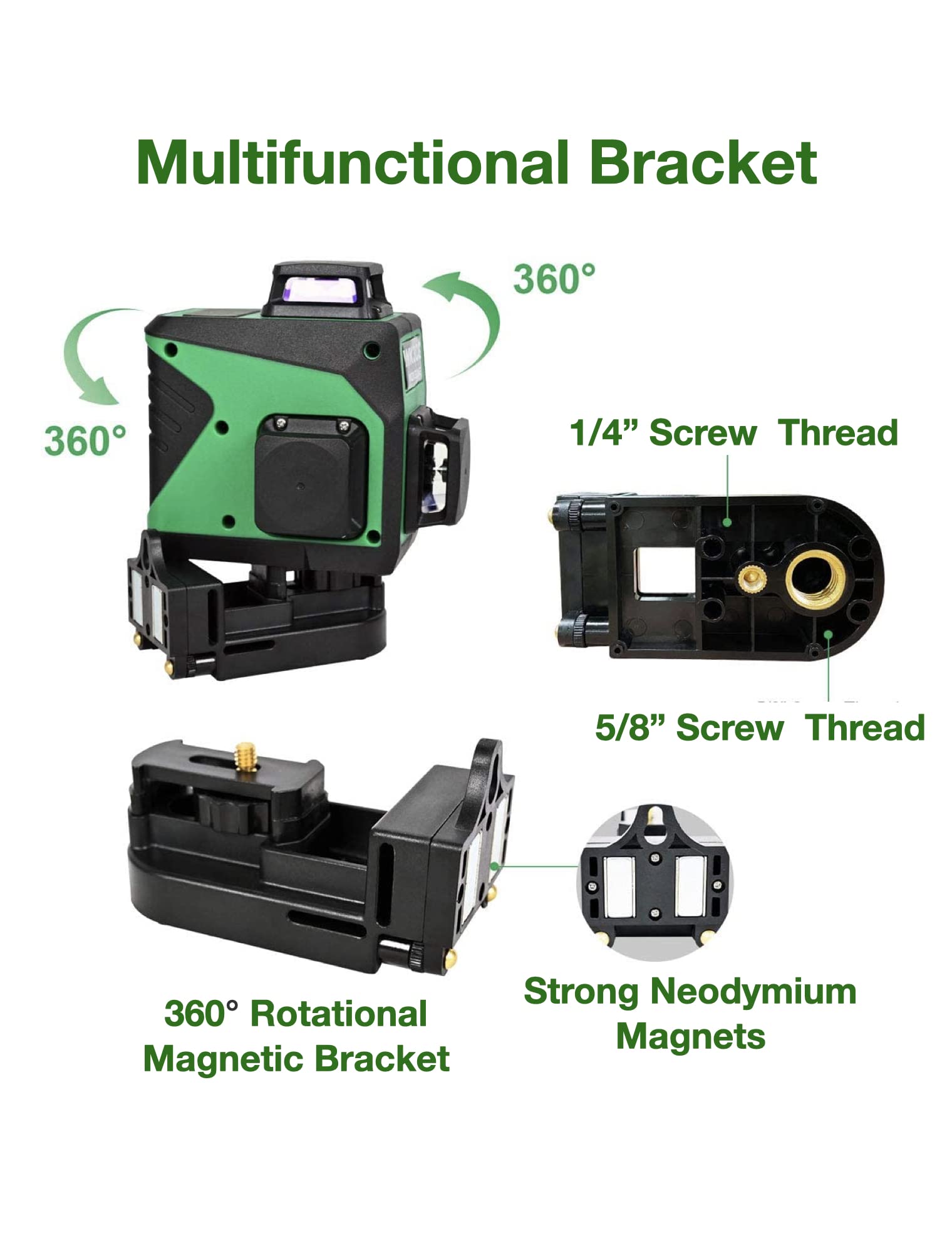 Wokeline 3x360° Rotary Laser Level Self Leveling Green beam Three Plane Cross Line Lasers 2x360° Vertical 1x360° Horizontal 12 lines Tile Ceiling Floor Lazer Levels+Flexible Magnetic Base+Li  - WoodArtSupply