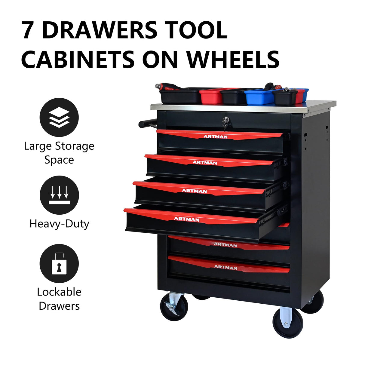 7 Drawers Rolling Tool Chest, Tool Storage Cabinet with Wheels Rolling Tool Cart with 7 Drawers, Rolling Tool Box Organizer, Metal Tool Cart for Garage Workshop Black and Red, Stainless Steel Top CHD