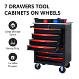 7 Drawers Rolling Tool Chest, Tool Storage Cabinet with Wheels Rolling Tool Cart with 7 Drawers, Rolling Tool Box Organizer, Metal Tool Cart for Garage Workshop Black and Red, Stainless Steel Top CHD