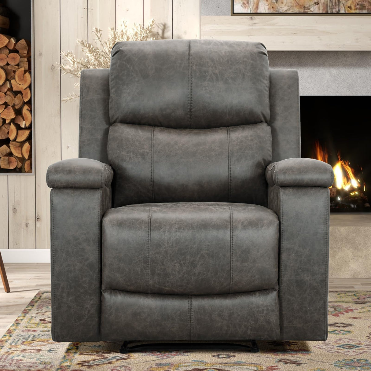 CANMOV Leather Recliner Chair, Classic and Traditional Manual Recliner Chair with Overstuffed Arms and Back, Manual Single Sofa with Concealed Cup Holders,Grey CANMOV