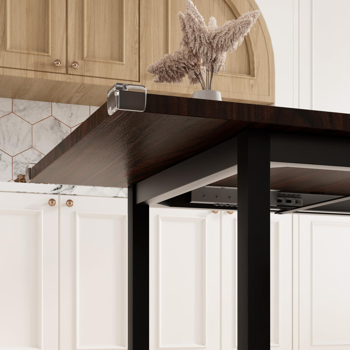 Feonase 7-Piece Dining Table Set with 6 Stools, 63 Inch Extendable Kitchen Table for 4-8, Kitchen Room Set with MDF Board & Metal Frame, Farmhouse Table, Space-Saving, Espresso Feonase