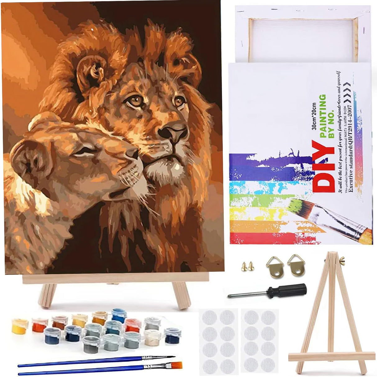 MaiMMaledy Paint by Numbers Kit for Adults Beginners 8Wx12L inch Canvas Pictures with Framed Drawing Painting Works with Wooden Triangle Easel Acrylic Pigment Lion MaiMMaledy