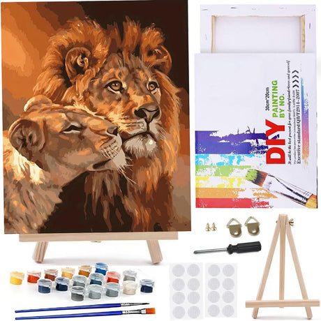 MaiMMaledy Paint by Numbers Kit for Adults Beginners 8Wx12L inch Canvas Pictures with Framed Drawing Painting Works with Wooden Triangle Easel Acrylic Pigment Lion MaiMMaledy