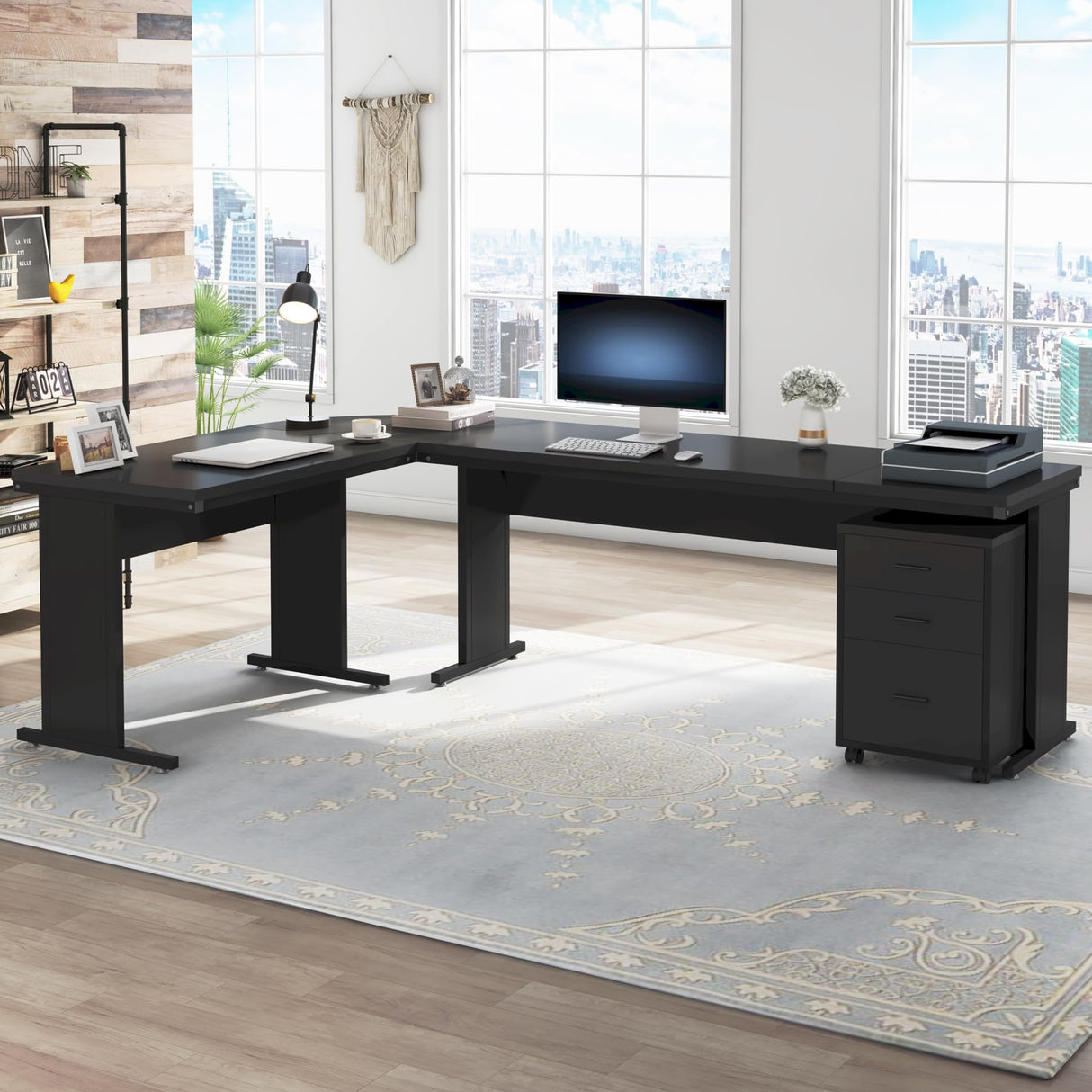 Tribesigns 83" L-Shaped Executive Desk, Large Office Desk with 3-Drawer Mobile File Cabinet, Industrial Computer Desk with Storage Drawers, Business Furniture Table Workstation for Home Office (Black) Tribesigns