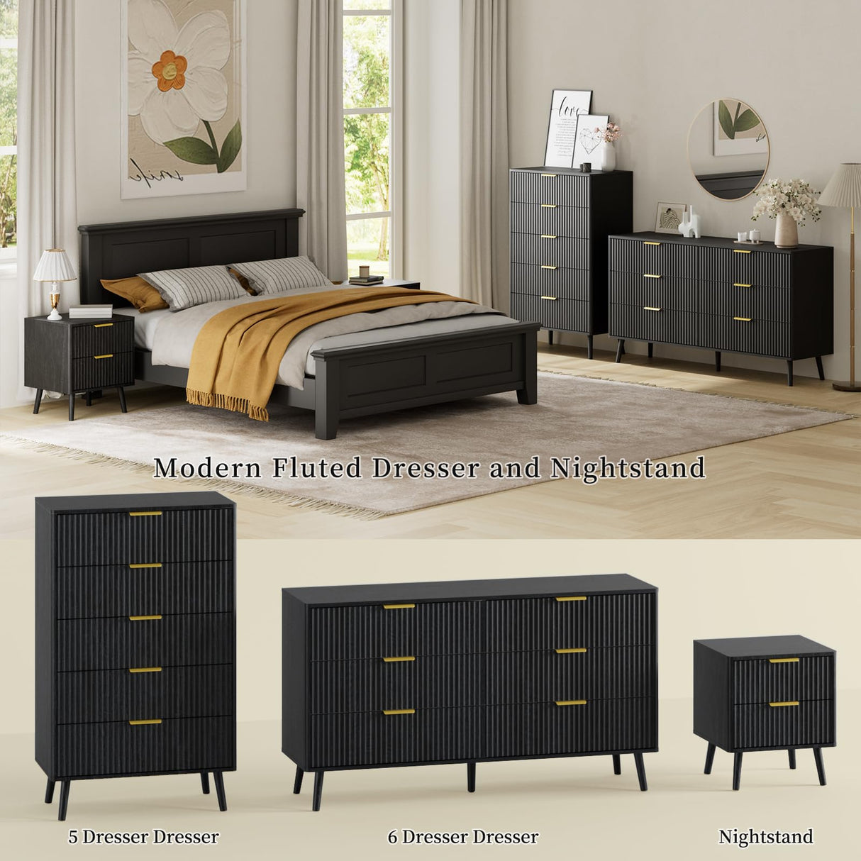 LYNSOM 6 Drawers Fluted Dresser for Bedroom, 55" Wide Modern Chest of Drawers with Metal Handle and Curved Profile Design, Dresser TV Stand, Wood Drawer Organizer for Living Room, Hallway, Black LYNSOM